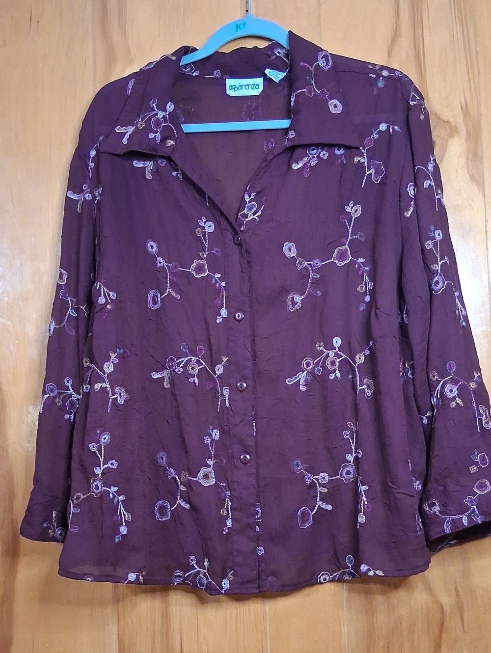 Apparenza Vintage 90s Sheer Plum Purple Floral Embroidered Boho Blouse Top 2X